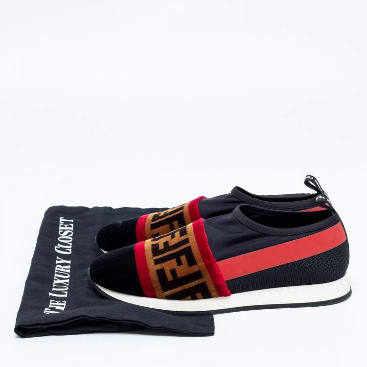 Pre Owned Fendi Tri-Color Stretch Nylon, Mesh and Zucca Print Velvet Runaway Slip-On Sneakers Size 38