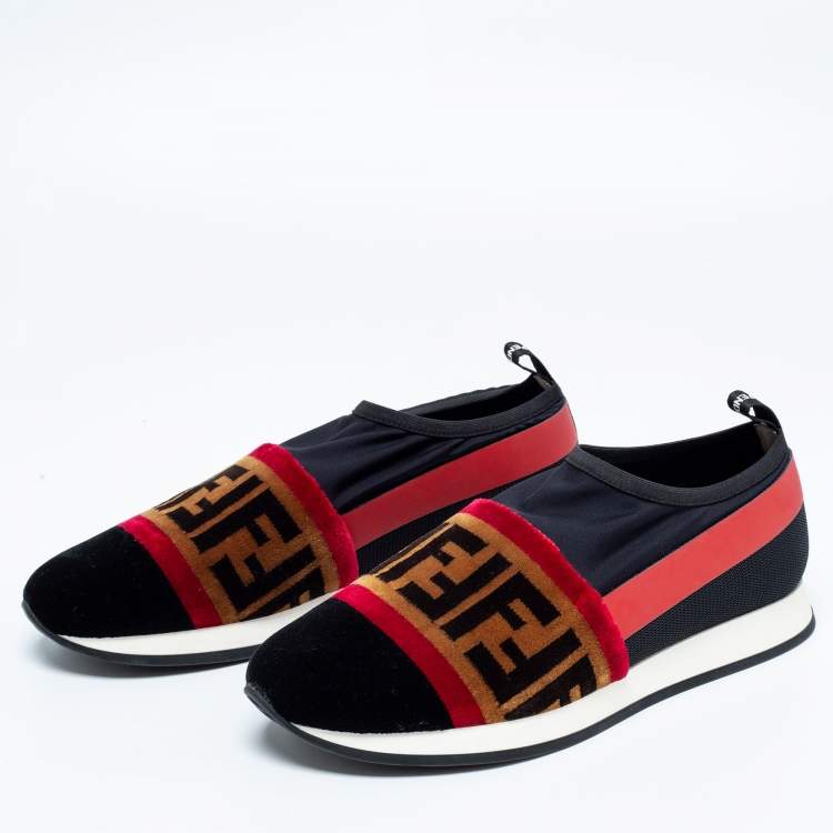 Pre Owned Fendi Tri-Color Stretch Nylon, Mesh and Zucca Print Velvet Runaway Slip-On Sneakers Size 38