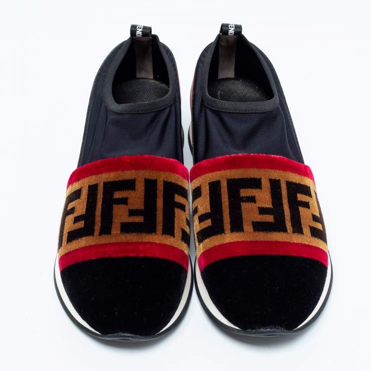 Pre Owned Fendi Tri-Color Stretch Nylon, Mesh and Zucca Print Velvet Runaway Slip-On Sneakers Size 38