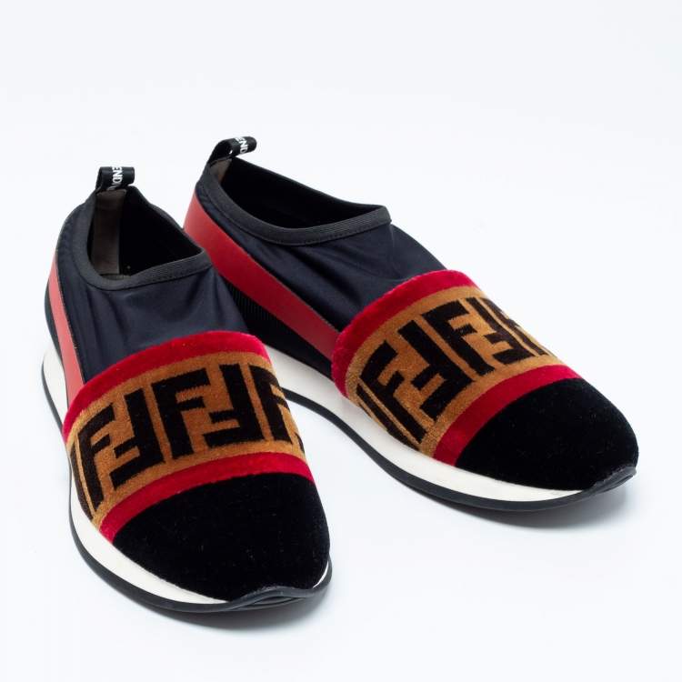 Pre Owned Fendi Tri-Color Stretch Nylon, Mesh and Zucca Print Velvet Runaway Slip-On Sneakers Size 38