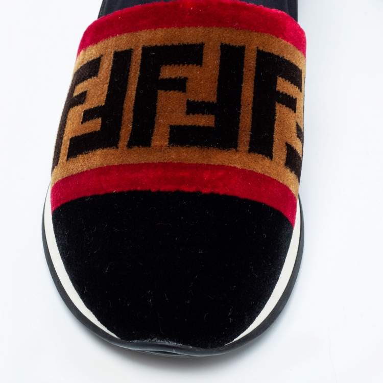Pre Owned Fendi Tri-Color Stretch Nylon, Mesh and Zucca Print Velvet Runaway Slip-On Sneakers Size 38
