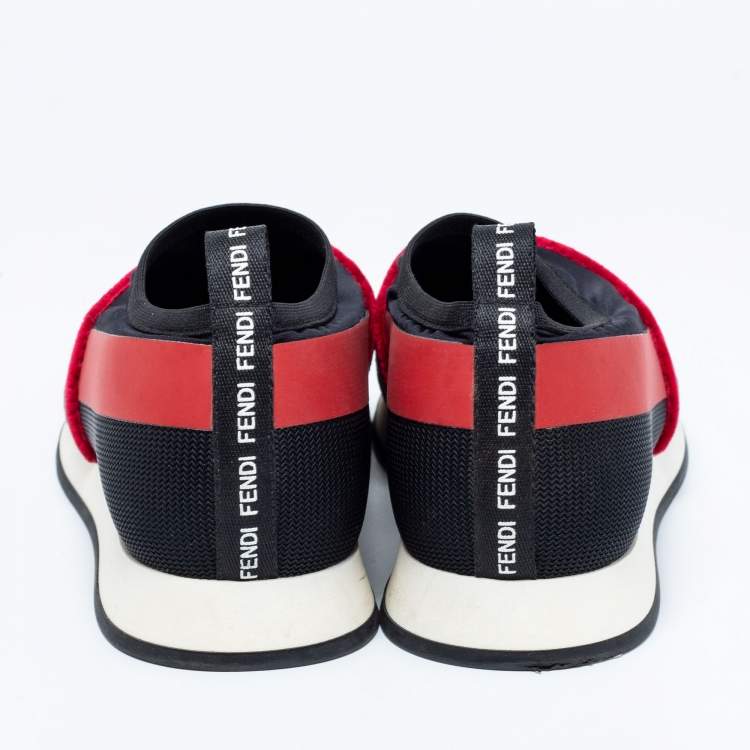 Pre Owned Fendi Tri-Color Stretch Nylon, Mesh and Zucca Print Velvet Runaway Slip-On Sneakers Size 38