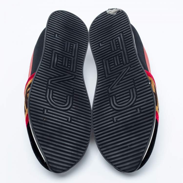 Pre Owned Fendi Tri-Color Stretch Nylon, Mesh and Zucca Print Velvet Runaway Slip-On Sneakers Size 38