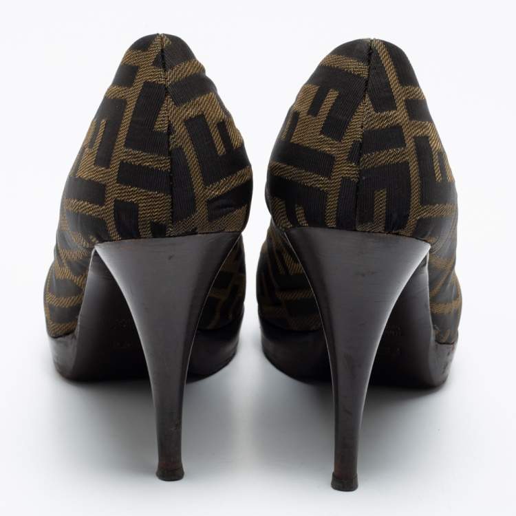 Pre Owned Fendi Brown/Beige Zucca Canvas Platform Pumps Size 38