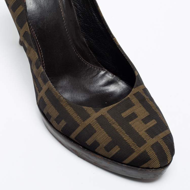 Pre Owned Fendi Brown/Beige Zucca Canvas Platform Pumps Size 38