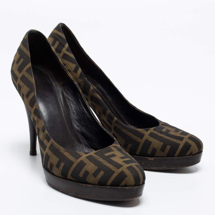 Pre Owned Fendi Brown/Beige Zucca Canvas Platform Pumps Size 38