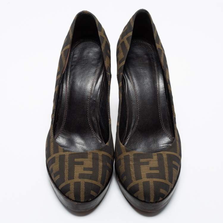 Pre Owned Fendi Brown/Beige Zucca Canvas Platform Pumps Size 38