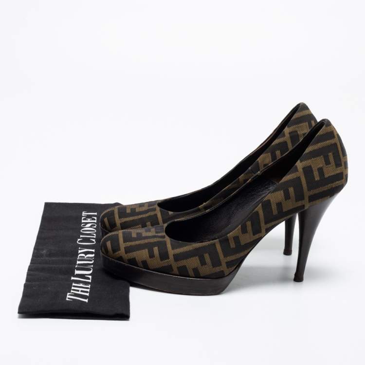 Pre Owned Fendi Brown/Beige Zucca Canvas Platform Pumps Size 38