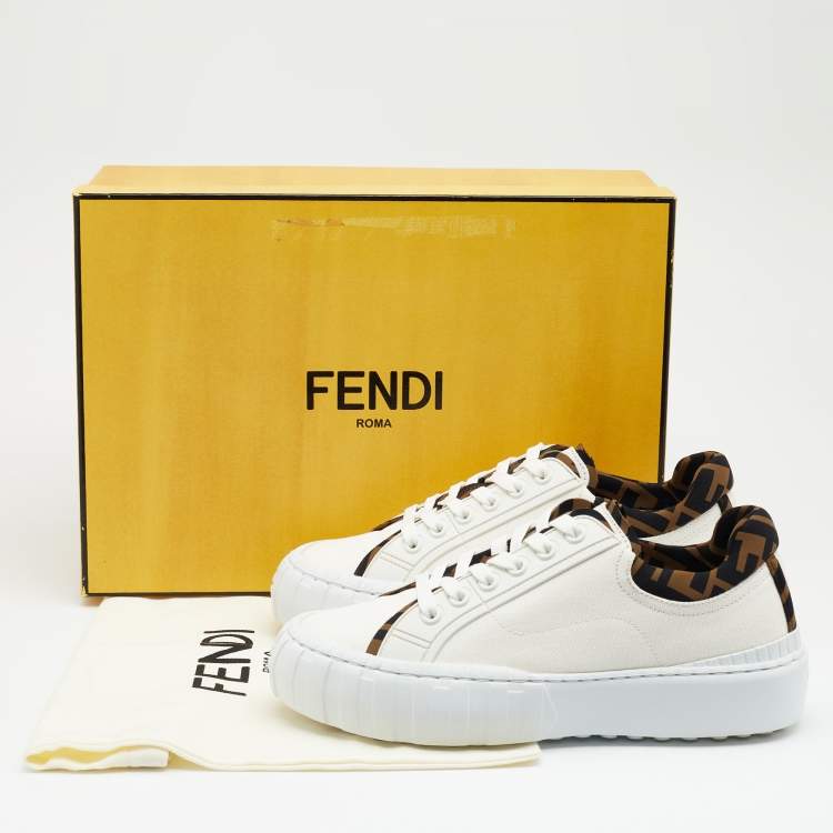 Pre Owned Fendi White/Brown Canvas and Neoprene Force Sneakers Size 38.5