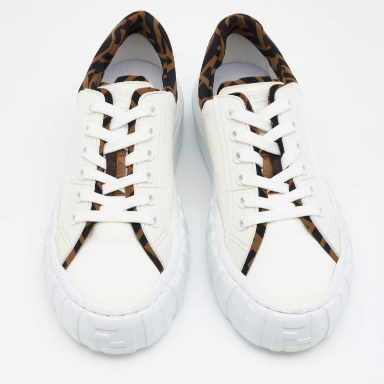Pre Owned Fendi White/Brown Canvas and Neoprene Force Sneakers Size 38.5