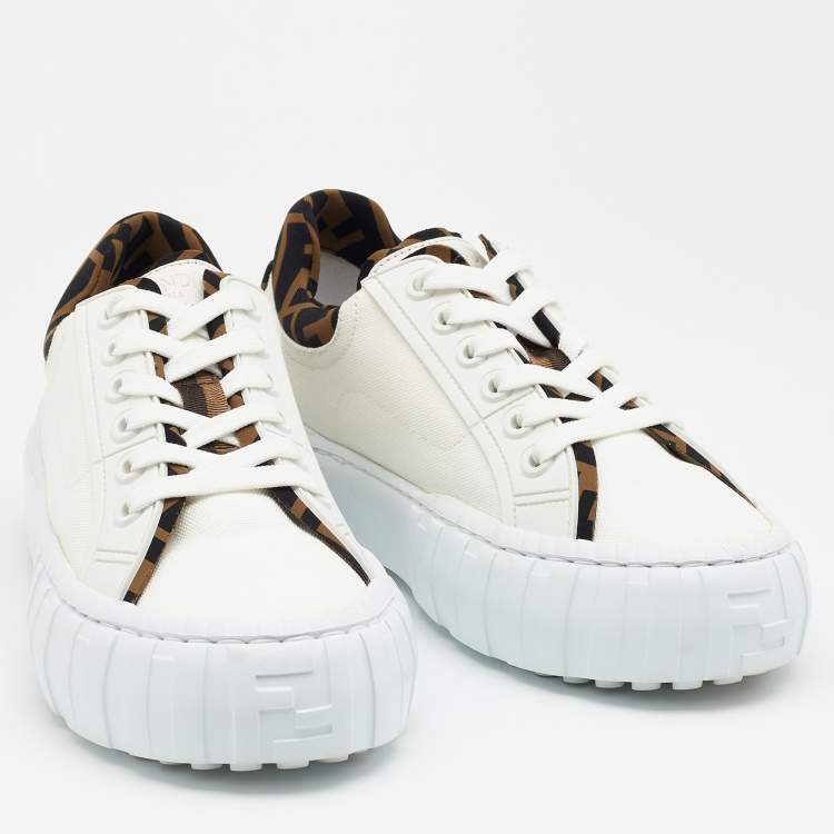 Pre Owned Fendi White/Brown Canvas and Neoprene Force Sneakers Size 38.5