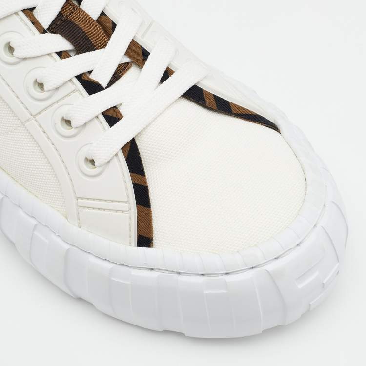 Pre Owned Fendi White/Brown Canvas and Neoprene Force Sneakers Size 38.5