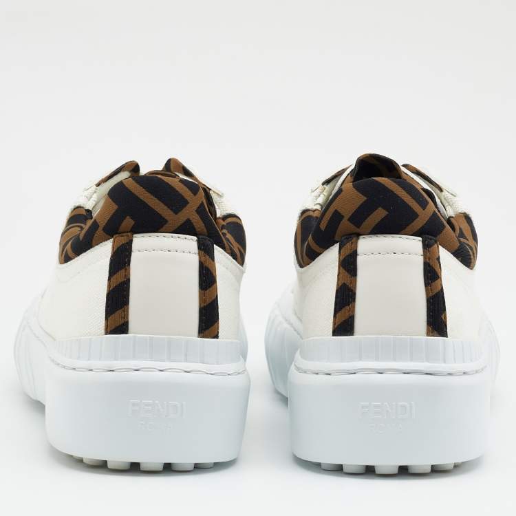 Pre Owned Fendi White/Brown Canvas and Neoprene Force Sneakers Size 38.5