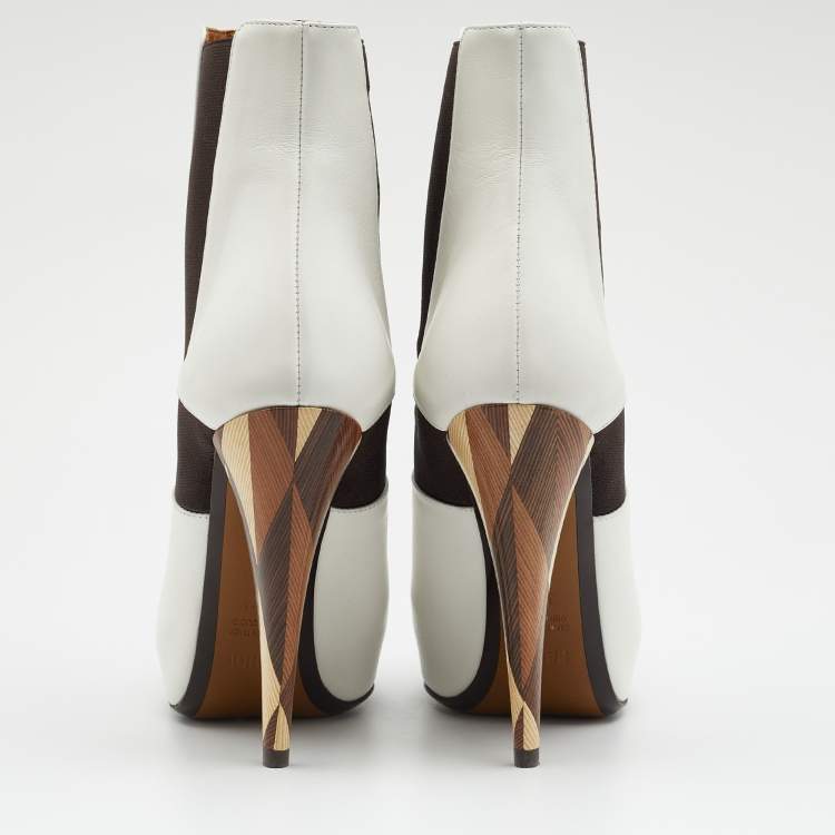 Pre Owned Fendi White/Brown Leather And Stretch Fabric Platform Ankle Boots Size 37.5