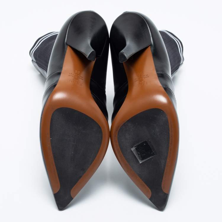 مملوكة مسبقًا Fendi Black Leather And Stretch Knit Rockoko Pointed Toe Ankle Boots Size 38