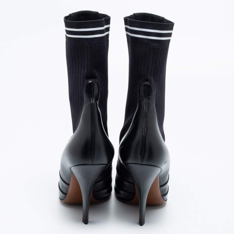 مملوكة مسبقًا Fendi Black Leather And Stretch Knit Rockoko Pointed Toe Ankle Boots Size 38