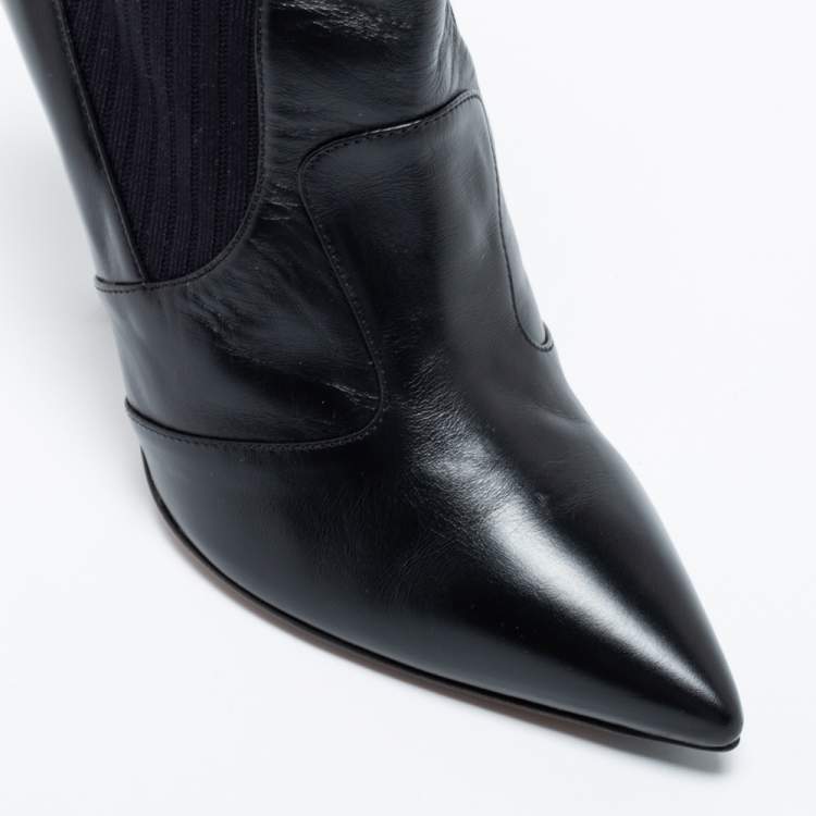 مملوكة مسبقًا Fendi Black Leather And Stretch Knit Rockoko Pointed Toe Ankle Boots Size 38