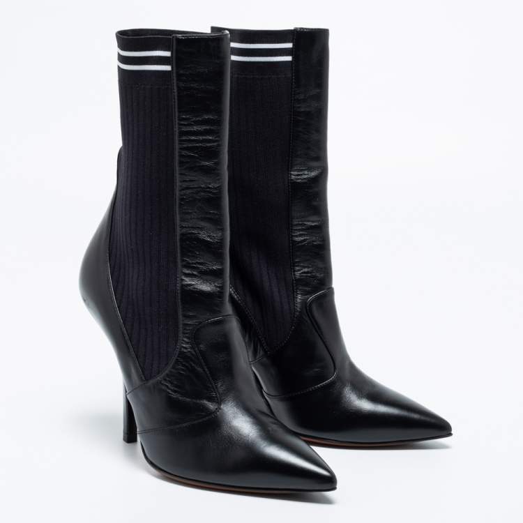 مملوكة مسبقًا Fendi Black Leather And Stretch Knit Rockoko Pointed Toe Ankle Boots Size 38
