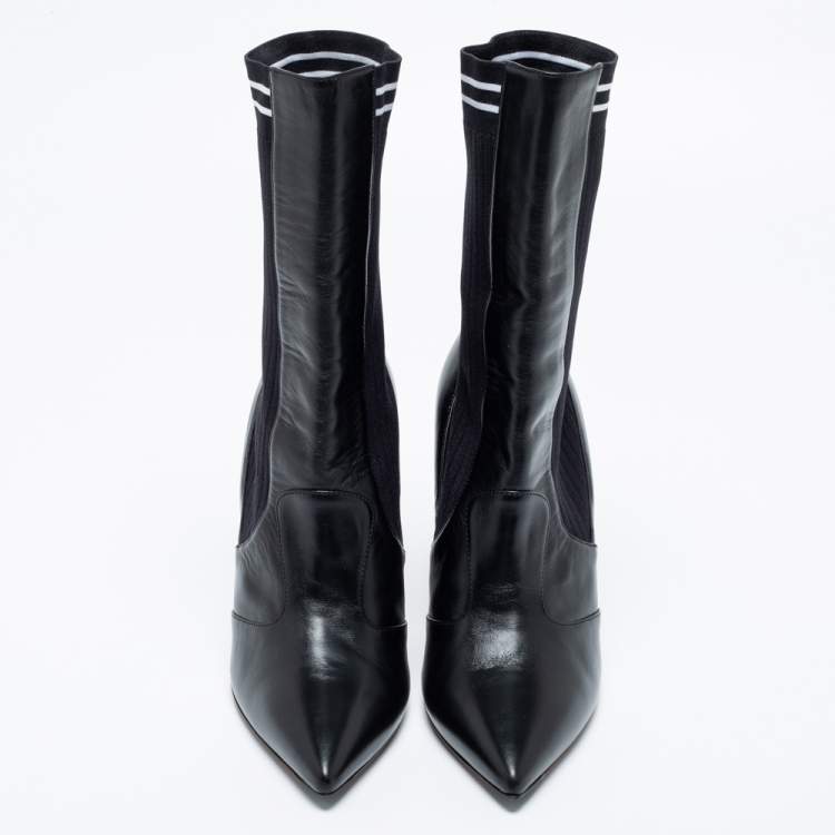 مملوكة مسبقًا Fendi Black Leather And Stretch Knit Rockoko Pointed Toe Ankle Boots Size 38
