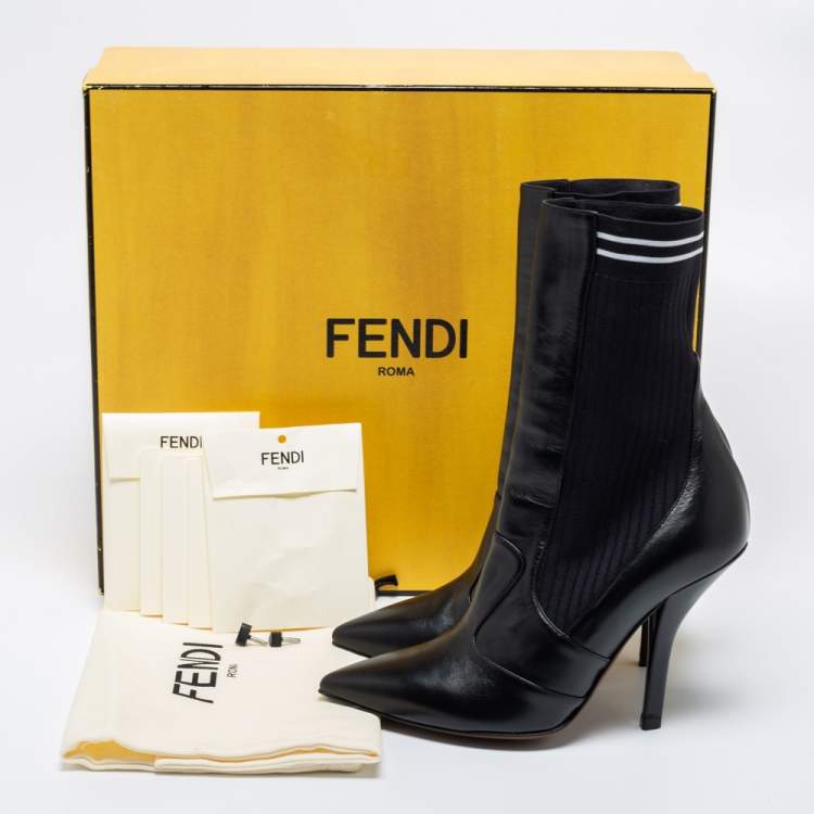مملوكة مسبقًا Fendi Black Leather And Stretch Knit Rockoko Pointed Toe Ankle Boots Size 38
