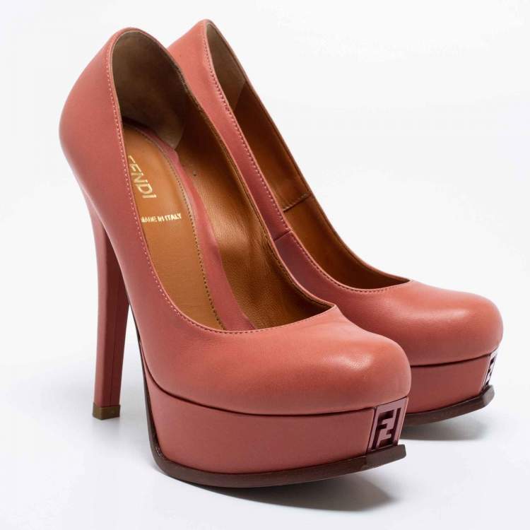 Pre Owned Fendi Coral Pink Leather Fendista Platform Pumps Size 36
