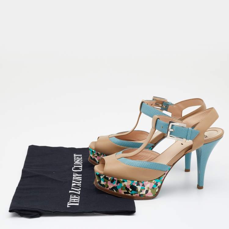 Pre Owned Fendi Beige/Blue Lizard Embossed And Leather Fendista T Strap Platform Sandals Size 37