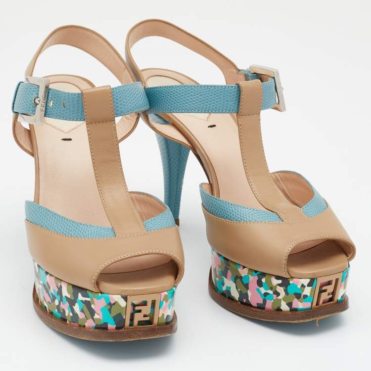 Pre Owned Fendi Beige/Blue Lizard Embossed And Leather Fendista T Strap Platform Sandals Size 37