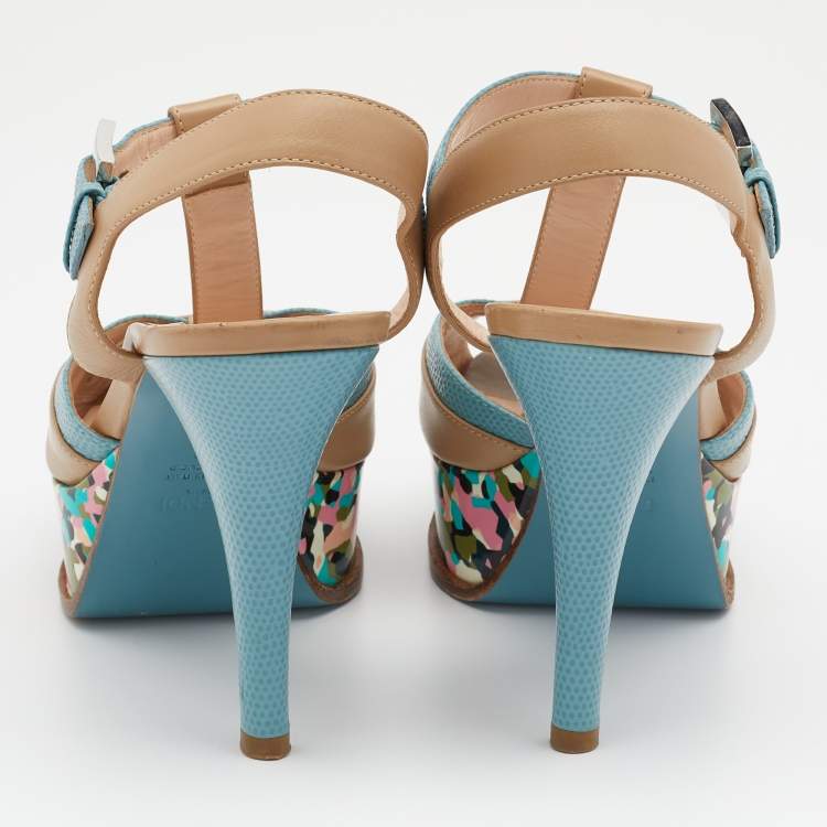 Pre Owned Fendi Beige/Blue Lizard Embossed And Leather Fendista T Strap Platform Sandals Size 37
