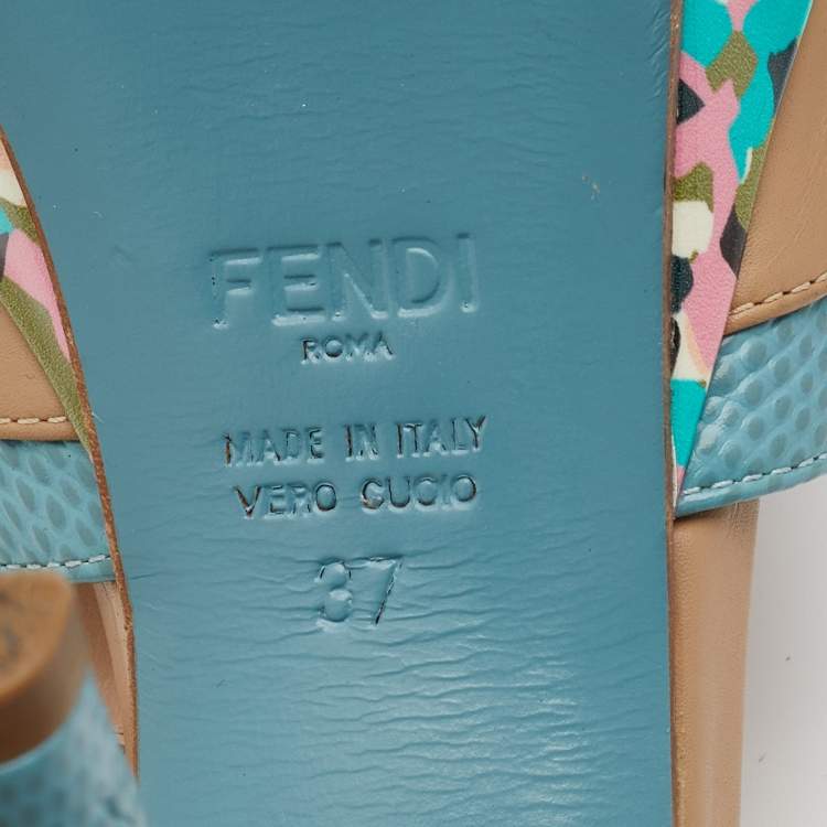 Pre Owned Fendi Beige/Blue Lizard Embossed And Leather Fendista T Strap Platform Sandals Size 37