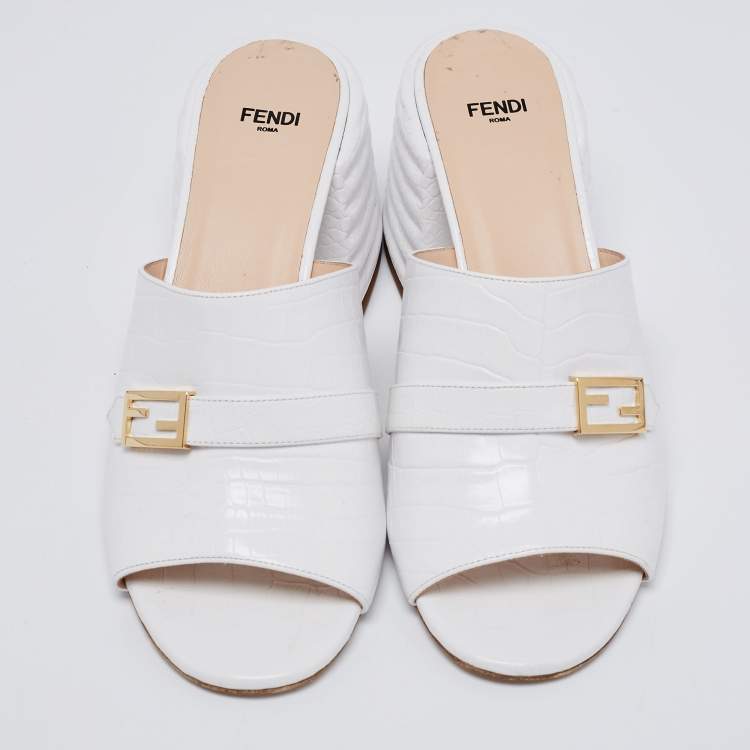 Pre Owned Fendi White Croc Embossed Leather Block Heel Mules Size 41