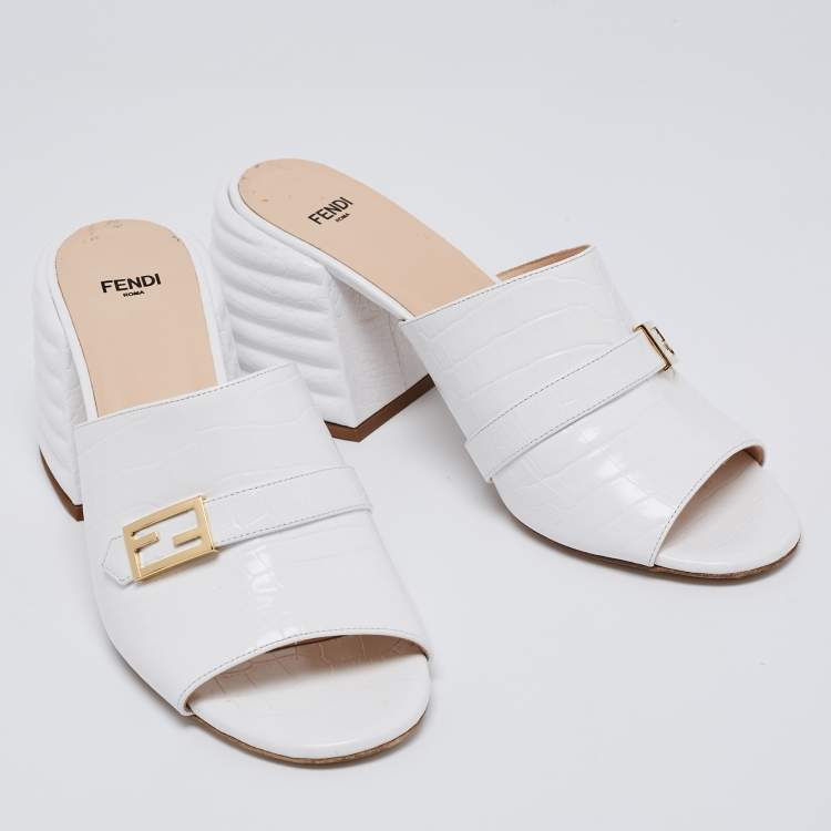 Pre Owned Fendi White Croc Embossed Leather Block Heel Mules Size 41