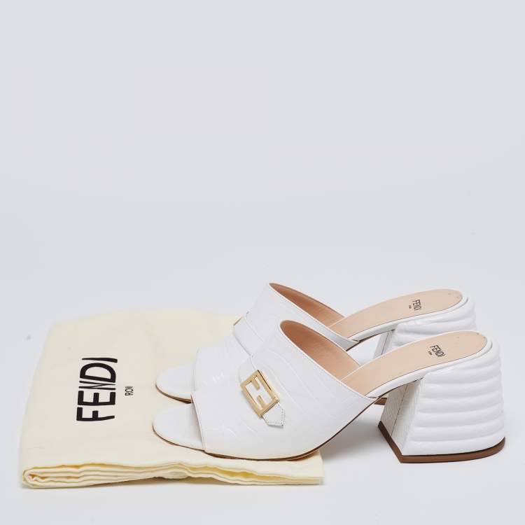 Pre Owned Fendi White Croc Embossed Leather Block Heel Mules Size 41