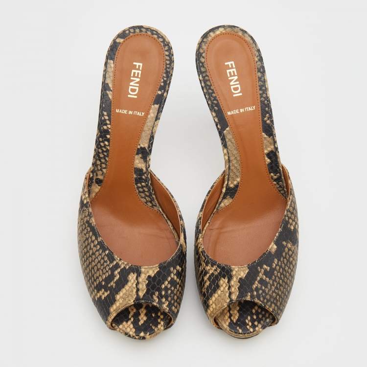 Pre Owned Fendi Beige/Brown Python Embossed Leather Peep Toe Mules Size 38.5