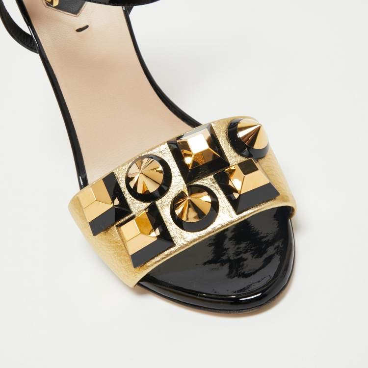Pre Owned Fendi Gold/Black Leather And Patent Studded Ankle Strap Sandals Size 38