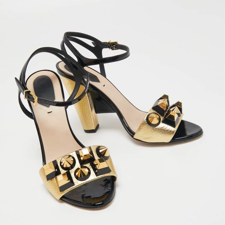 Pre Owned Fendi Gold/Black Leather And Patent Studded Ankle Strap Sandals Size 38