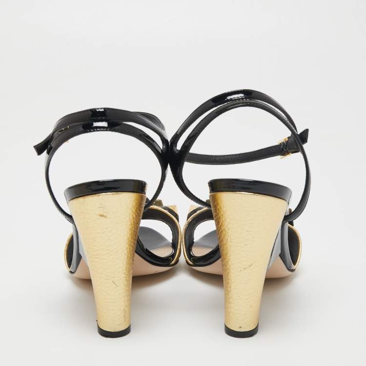 Pre Owned Fendi Gold/Black Leather And Patent Studded Ankle Strap Sandals Size 38