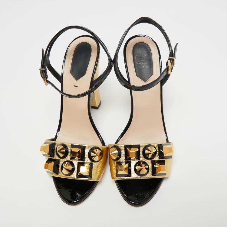 Pre Owned Fendi Gold/Black Leather And Patent Studded Ankle Strap Sandals Size 38