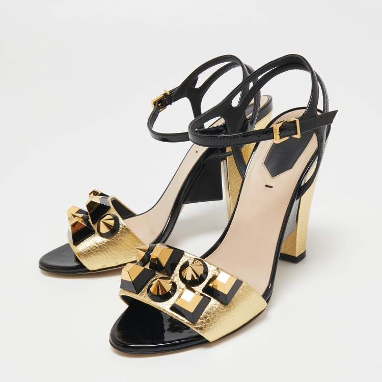 Pre Owned Fendi Gold/Black Leather And Patent Studded Ankle Strap Sandals Size 38