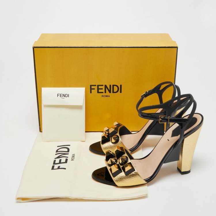 Pre Owned Fendi Gold/Black Leather And Patent Studded Ankle Strap Sandals Size 38