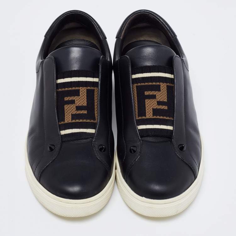 Pre Owned Fendi Black Leather Knitted Logo Rockoclick Slip-On Sneakers Size 38