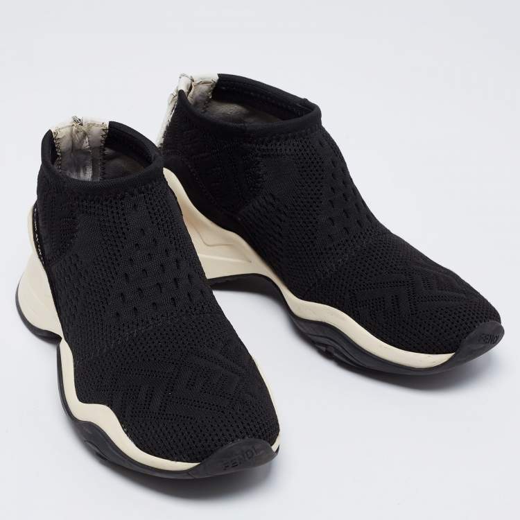 Pre Owned Fendi Black FF Knit Fabric High-Top Sneaker Size 38 
