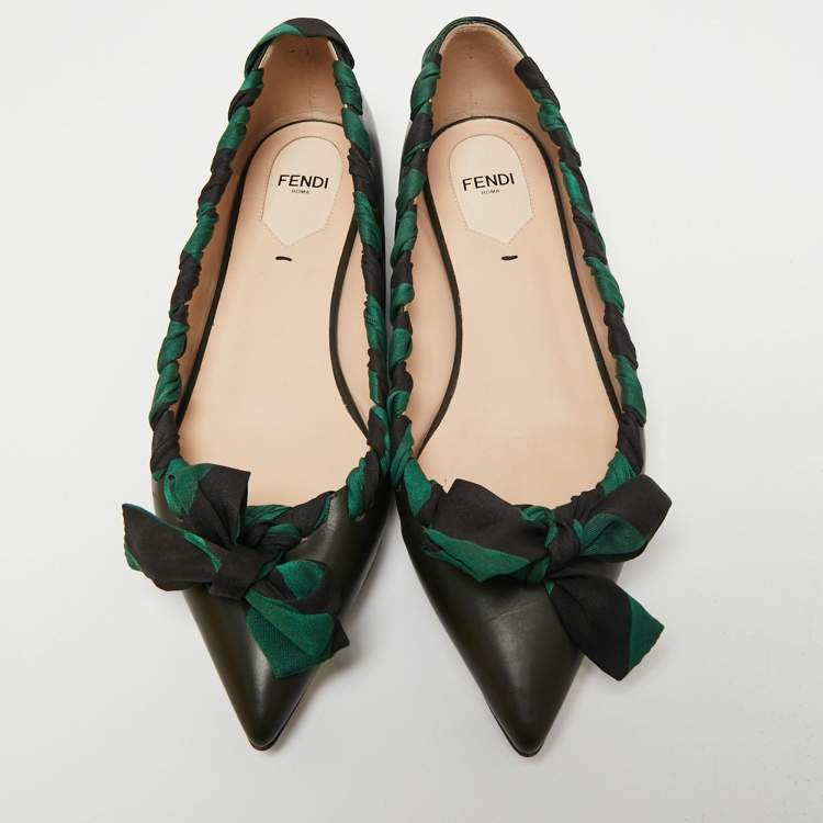 Pre Owned Fendi Dark Green Leather And Fabric Bow Pointed Toe Ballet Flats Size 38