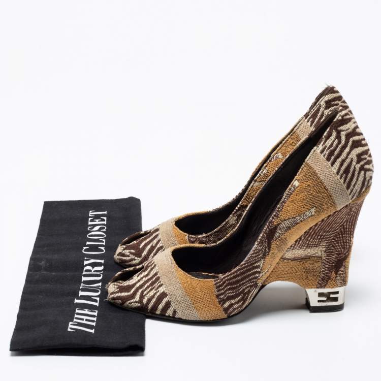 Pre Owned Fendi Brown Jacquard Canvas Peep Toe Pumps Size 36.5