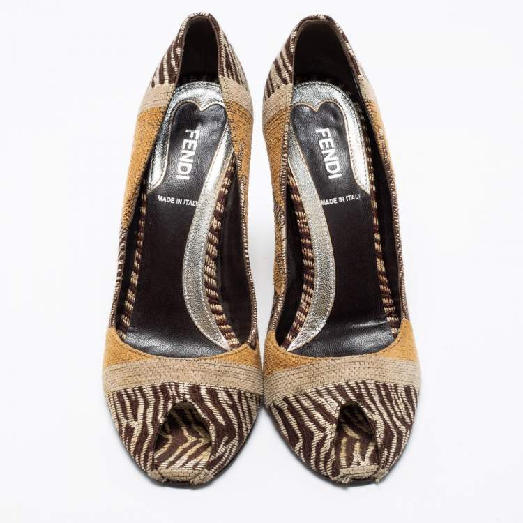 Pre Owned Fendi Brown Jacquard Canvas Peep Toe Pumps Size 36.5