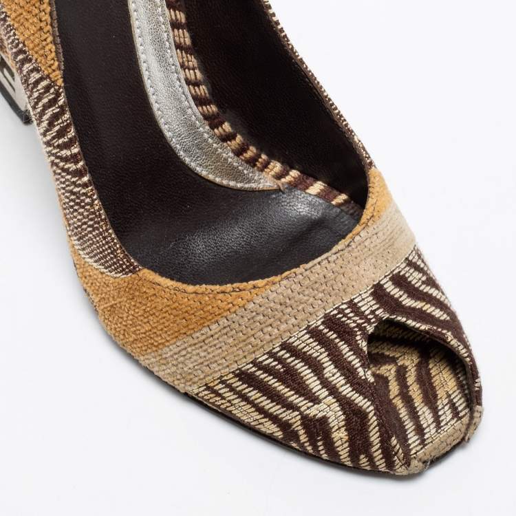 Pre Owned Fendi Brown Jacquard Canvas Peep Toe Pumps Size 36.5