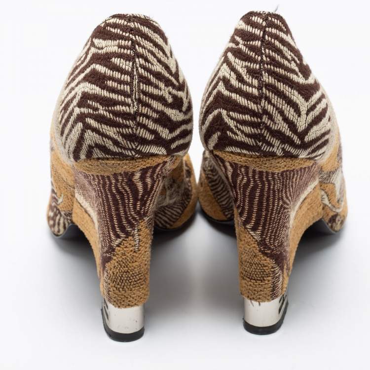 Pre Owned Fendi Brown Jacquard Canvas Peep Toe Pumps Size 36.5