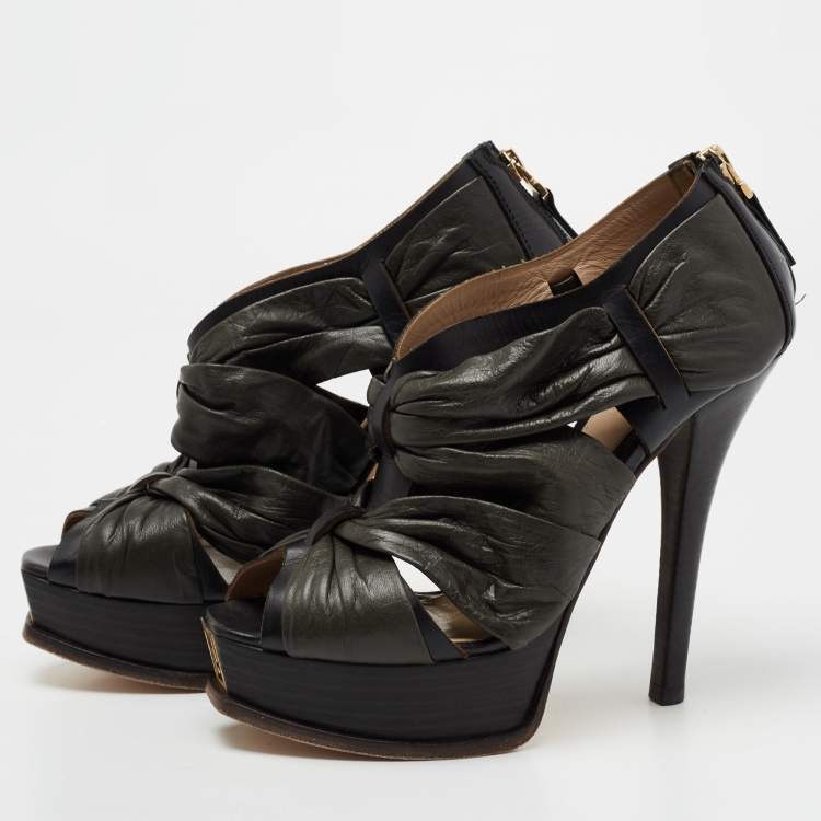 Pre Owned Fendi Black Pleated Leather Peep Toe Ankle Booties Size 38