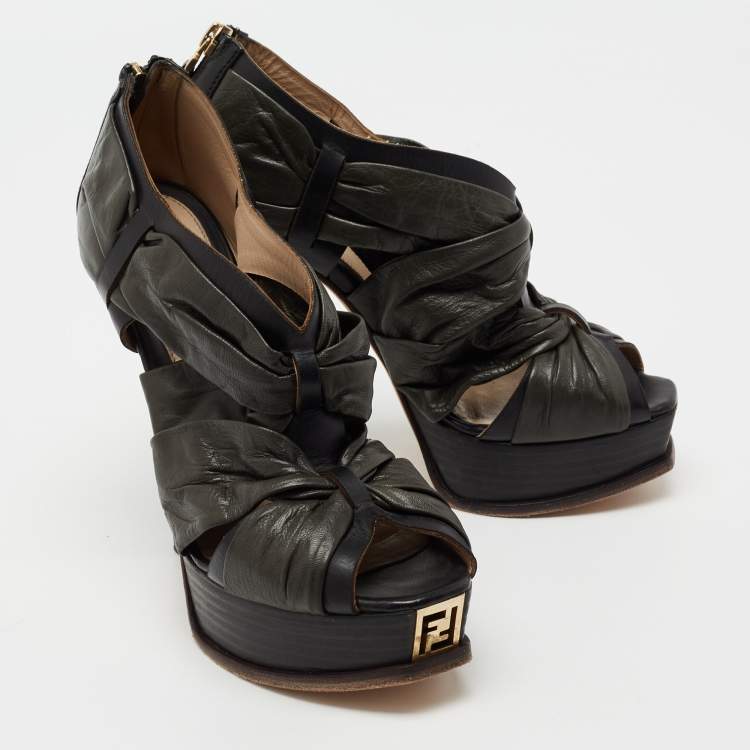 Pre Owned Fendi Black Pleated Leather Peep Toe Ankle Booties Size 38