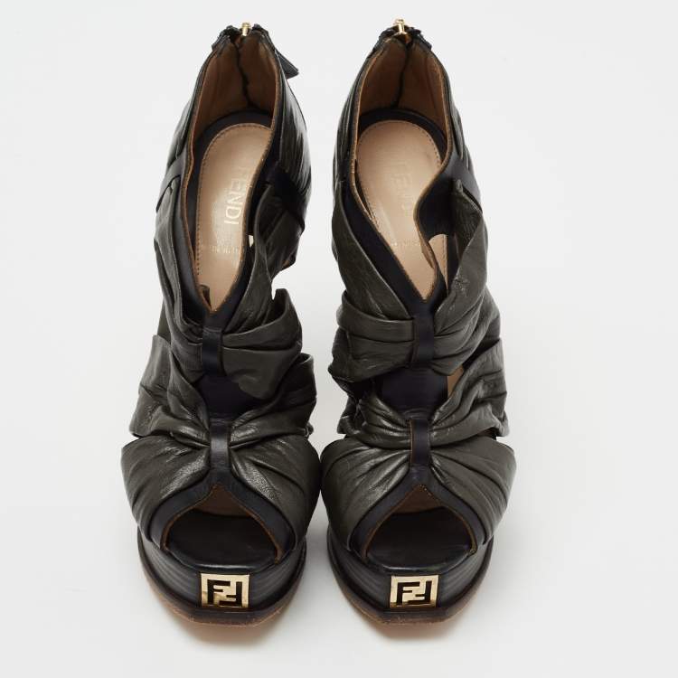 Pre Owned Fendi Black Pleated Leather Peep Toe Ankle Booties Size 38