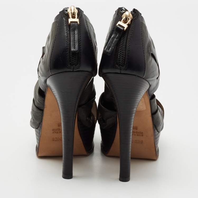 Pre Owned Fendi Black Pleated Leather Peep Toe Ankle Booties Size 38